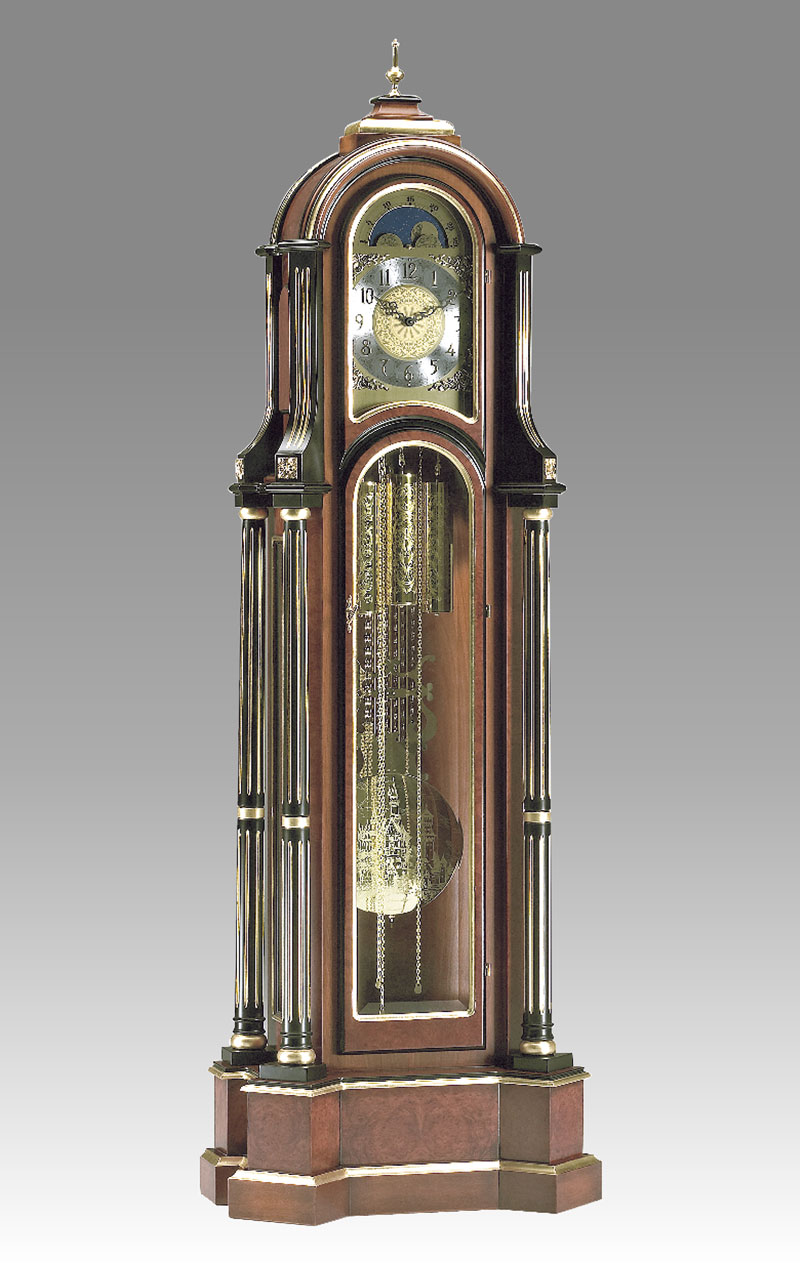 Curio Grandfather clock Art.508/2 cherry and maple root with black and gold